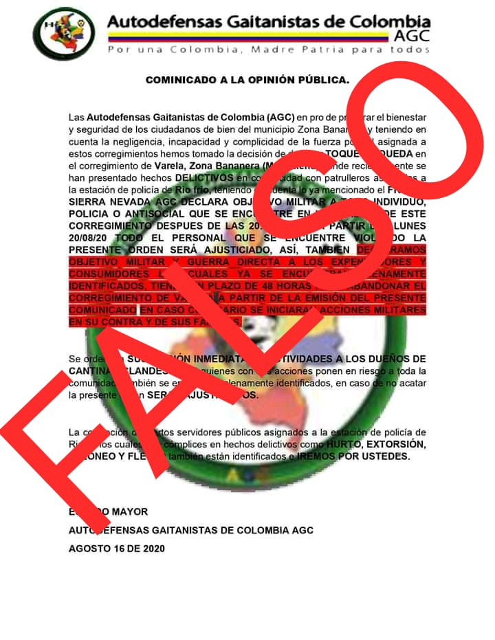 Departamento de Policía Magdalena aclara sobre supuesto comunicado de Autodefensas Gaitanistas de Colombia 1 Falso comunicado de Autodefensas Gaitanistas