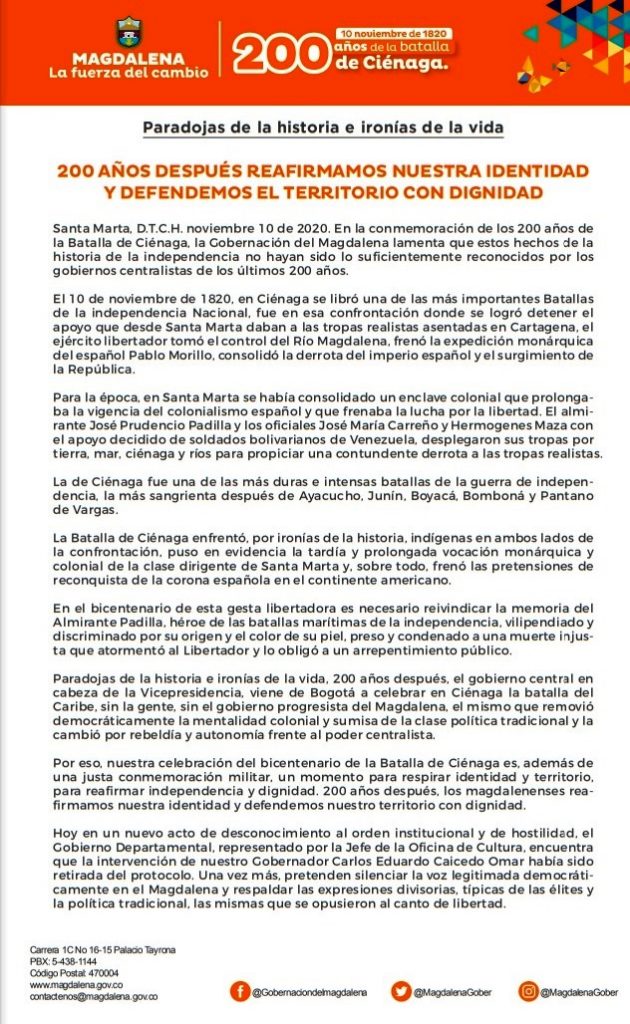 Indignante: Gobernación del Magdalena fue retirada de la conmemoración de los 200 años de la Batalla de Ciénaga 6 theh