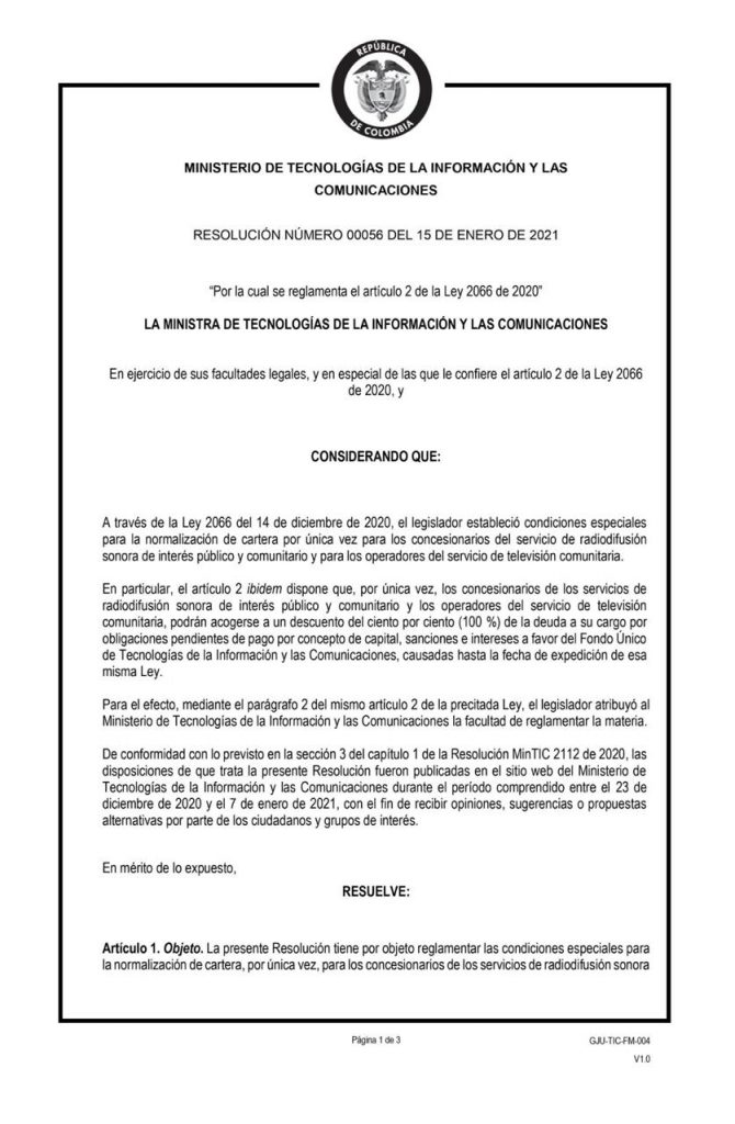 RESOLUCION 00056 del 15 de enero de 2020