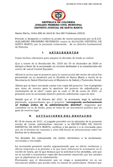 Intransigencia de Virna Jonhson pone en jaque la terminación de una policlínica en Santa Marta 1 fallo