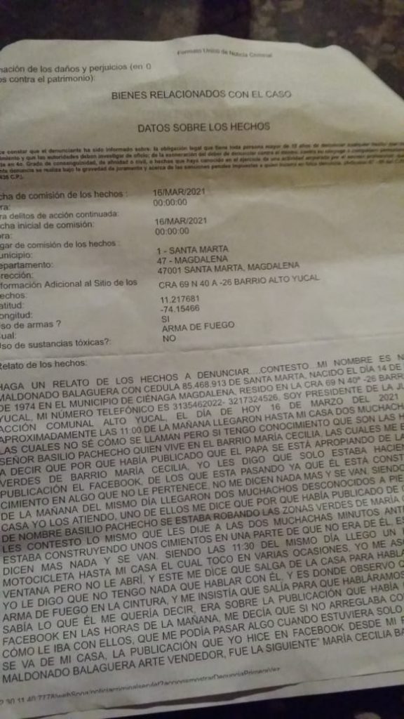 Líder social advierte falta de protección ante amenazas de muerte y su comunidad sin ayuda de autoridades frente a las invasiones 1 Denuncias por amenaza a lider social Miguel Maldonado Balaguera 1
