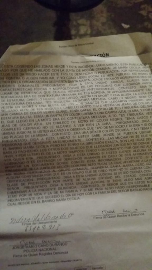 Líder social advierte falta de protección ante amenazas de muerte y su comunidad sin ayuda de autoridades frente a las invasiones 2 Denuncias por amenaza a lider social Miguel Maldonado Balaguera 2
