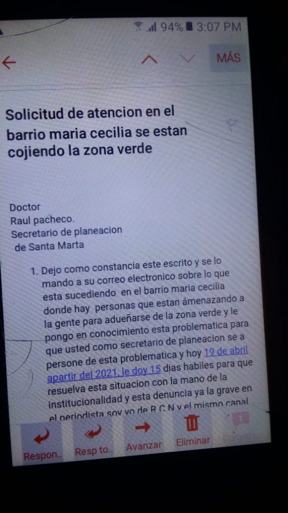 Líder social advierte falta de protección ante amenazas de muerte y su comunidad sin ayuda de autoridades frente a las invasiones 4 Denuncias por amenaza a lider social Miguel Maldonado Balaguera 3