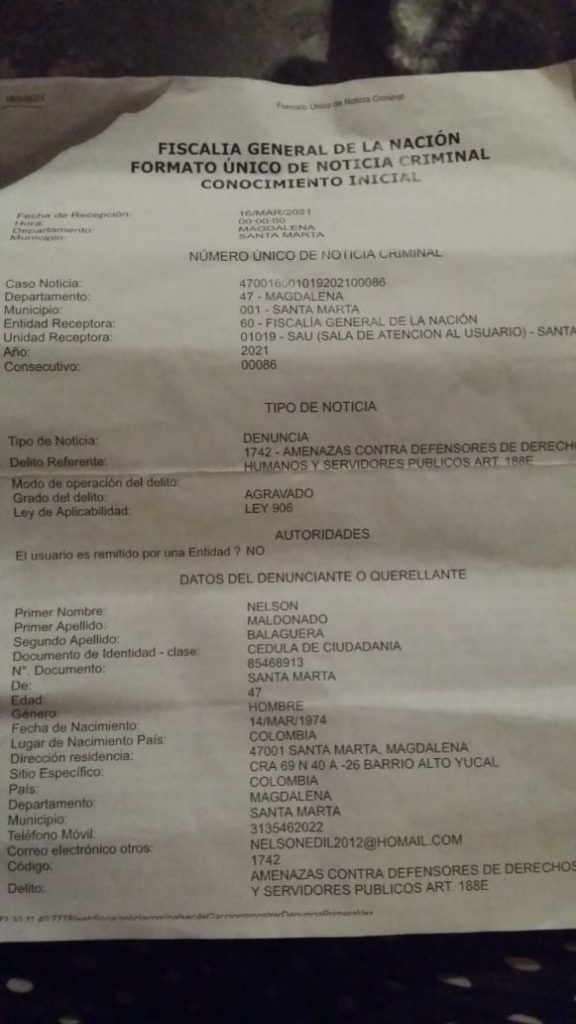 Líder social advierte falta de protección ante amenazas de muerte y su comunidad sin ayuda de autoridades frente a las invasiones 3 Denuncias por amenaza a lider social Miguel Maldonado Balaguera 5