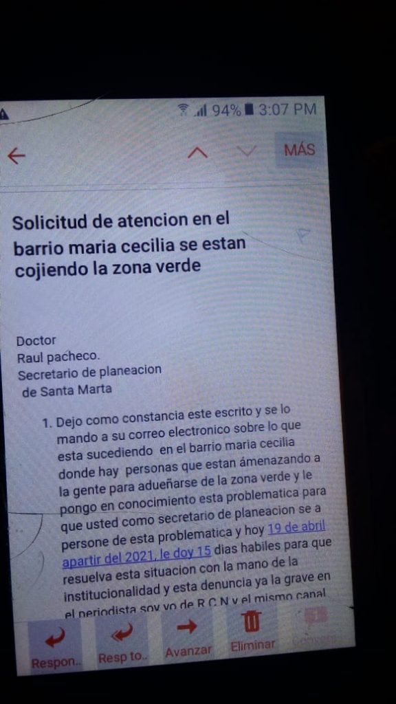 Líder social advierte falta de protección ante amenazas de muerte y su comunidad sin ayuda de autoridades frente a las invasiones 6 Denuncias por amenaza a lider social Miguel Maldonado Balaguera 6