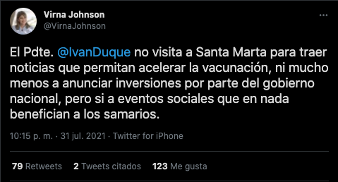Duque no viene a hablar de inversión o vacunación, pero si a eventos sociales: Virna Johnson 1 Captura de Pantalla 2021 07 31 a las 10.55.22 p. m.