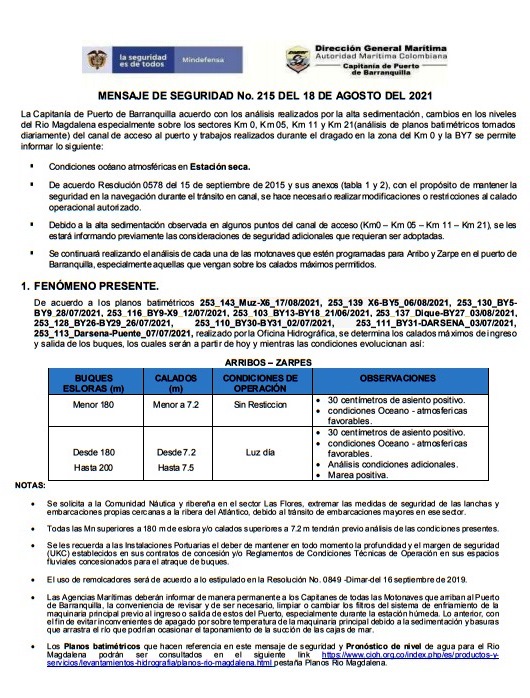 "Necesarias modificaciones o restricciones al calado operacional autorizado en canal de acceso": Dimar 2 r