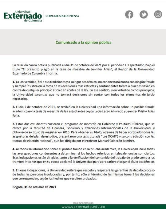Tras conocer el presunto plagio en tesis de Jennifer Arias, U. Externado anunció que investigará 1 FDCyR1iXMAIH uT