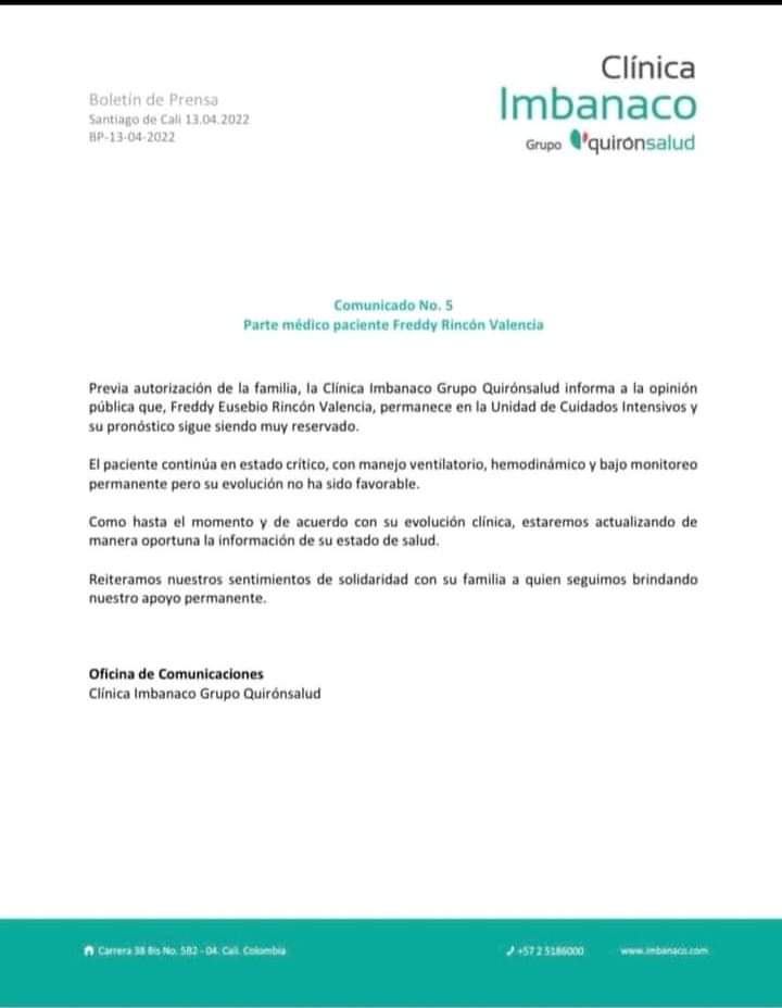 Último parte médico de estado de salud de Fredy Rincón: "Continúa en estado crítico con evolución favorable" 2 FB IMG 1649858255760