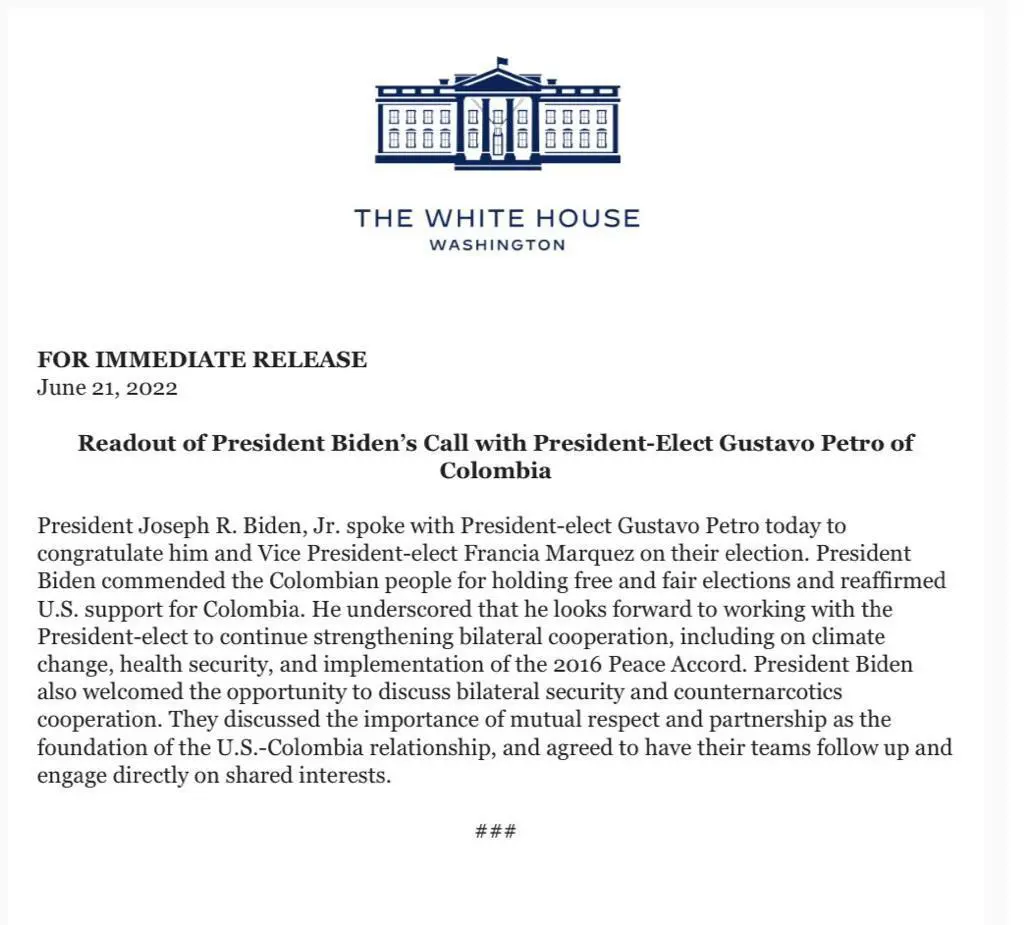 La Casa Blanca reveló detalles de lo hablado entre el Presidente electo Gustavo Petro y Joe Biden 1 WhatsApp Image 2022 06 21 at 3.29.08 PM 1.jpg