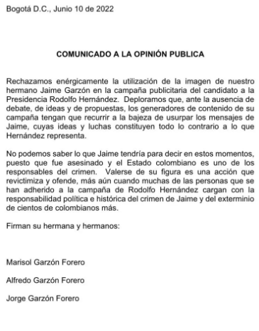 Familiares de Jaime Garzón rechazan utilización de su imagen en la campaña de Rodolfo Hernández 1 comunicado familiares garzon