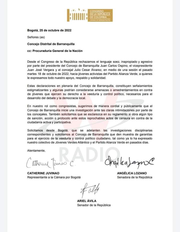 Congresistas solicitan abrir investigaciones a concejales de Barranquilla por amenazas a veedores 1 Carta 1