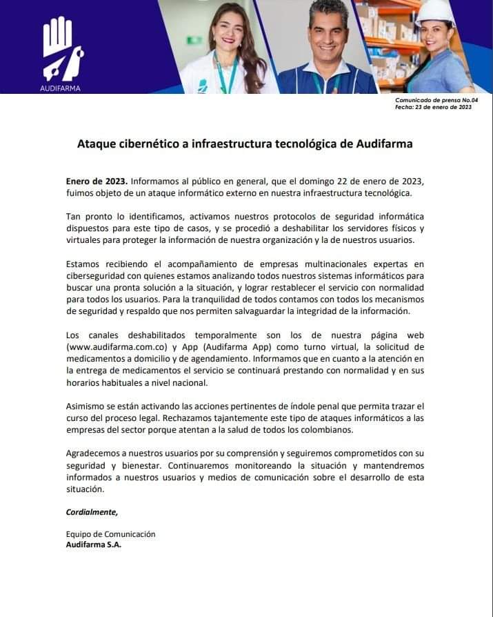 Audifarma víctima de ataque cibernético 1 FB IMG 1674560039442