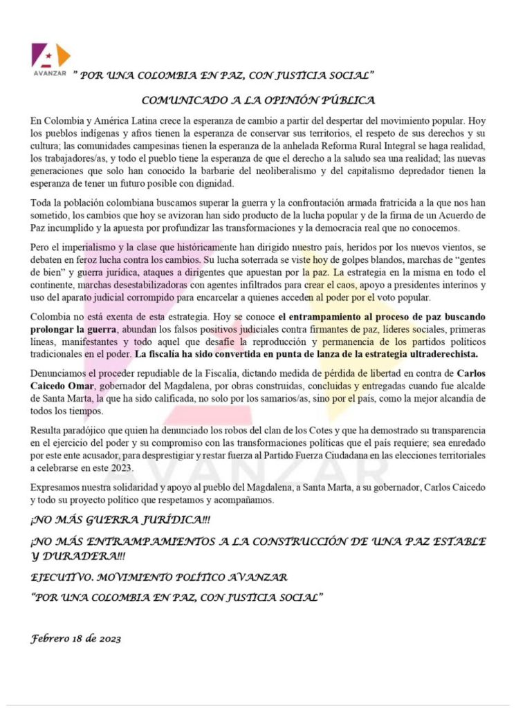 Congresistas, Fecode, y partidos progresistas respaldan a Caicedo y exigen a Fiscalía respeto y garantías para el gobernador 1 Avanzar