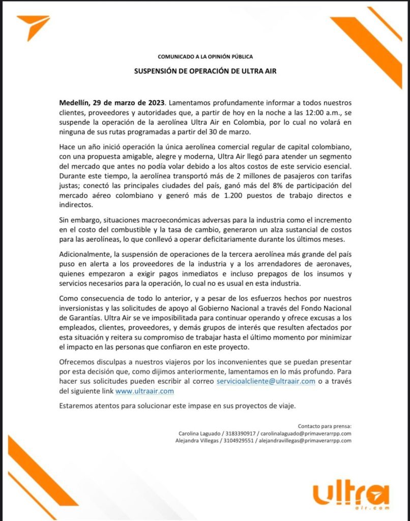 Ultra Air suspende operaciones en Colombia 1 Ultra Air suspende operaciones en Colombia 2