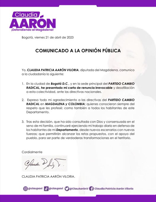Claudia Aarón presenta renuncia y desafiliación a Cambio Radical 1 image 19