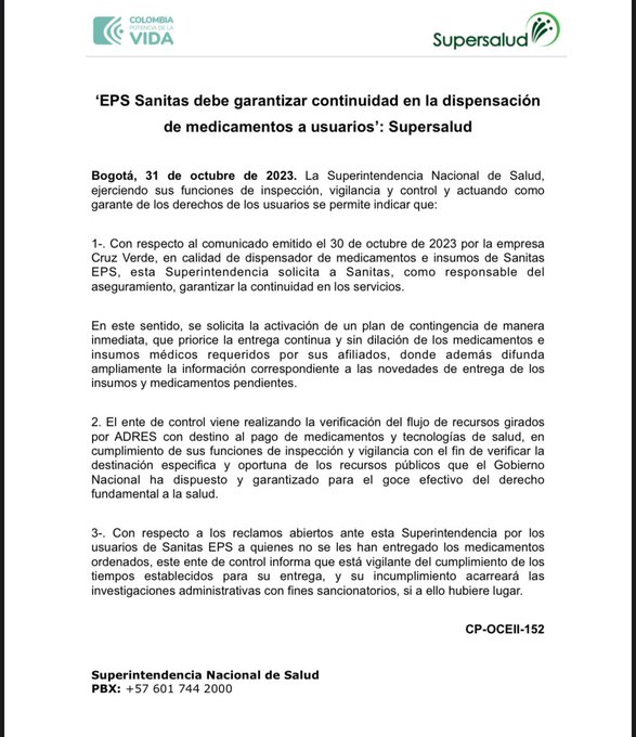 Crisis de suministro de medicamentos en Colombia: Cruz Verde suspende abastecimiento a EPS Sanitas, Supersalud se pronuncia 1 Supersalud sobre crisis de mendicamentos