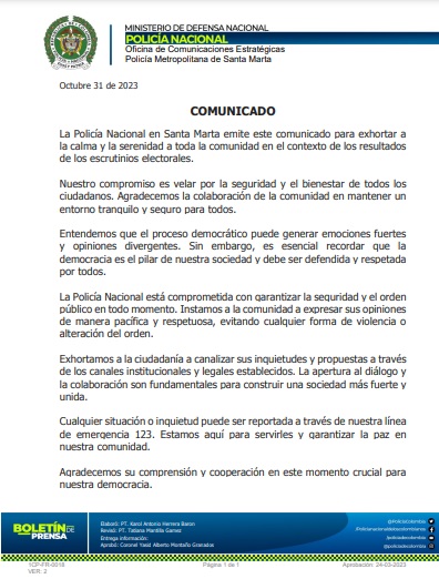 Comunicado de la Policía Nacional de Santa Marta sobre la calma en los resultados electorales 1 WhatsApp Image 2023 07 19 at 5.34.52 PM 895x1024 4