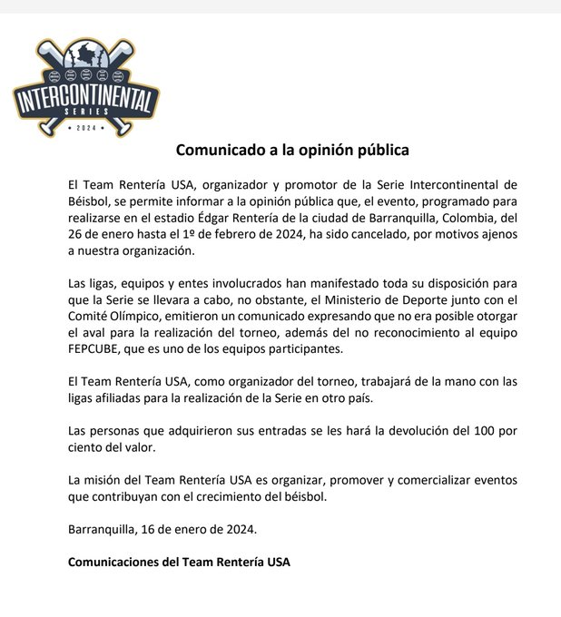 Barranquilla pierde otro evento deportivo: cancelada la Serie Intercontinental de Béisbol 1 GECbmQFXYAAuuTJ