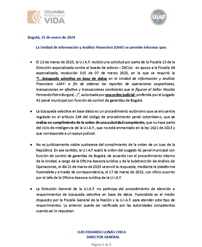 La UIAF cumple con orden judicial en proceso de investigación contra Nicolás Petro 1 GEuT6VMWAAAQNbr