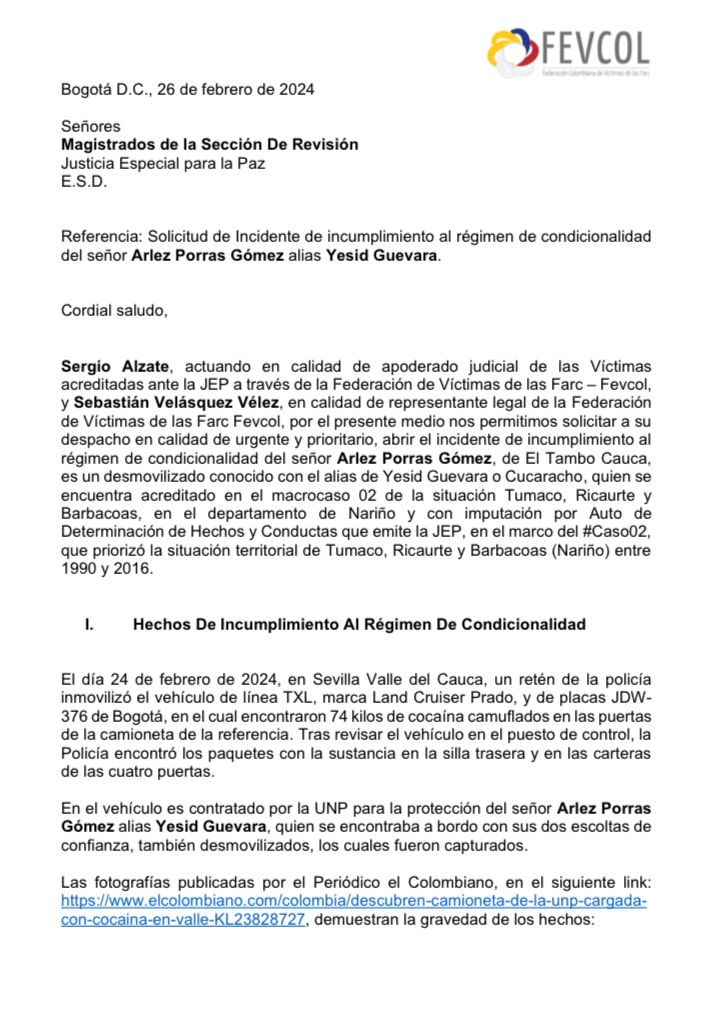 Víctimas solicitan expulsión de alias 'Yesid Guevara' de la JEP por transporte de cocaína en camioneta de la UNP 1 GHRTkaaXIAAvlc