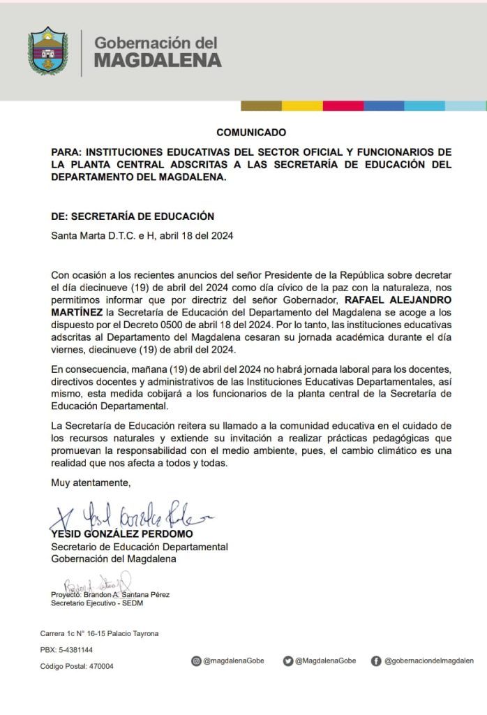 Secretaría de Educación del Magdalena suspende jornada académica por día cívico ambiental 1 COMUNICADO