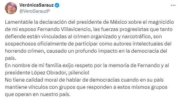 Viuda de Villavicencio insta a López Obrador a no intervenir en asuntos de Ecuador y a abordar la violencia en México 1 GKaPklRWQAA47QL