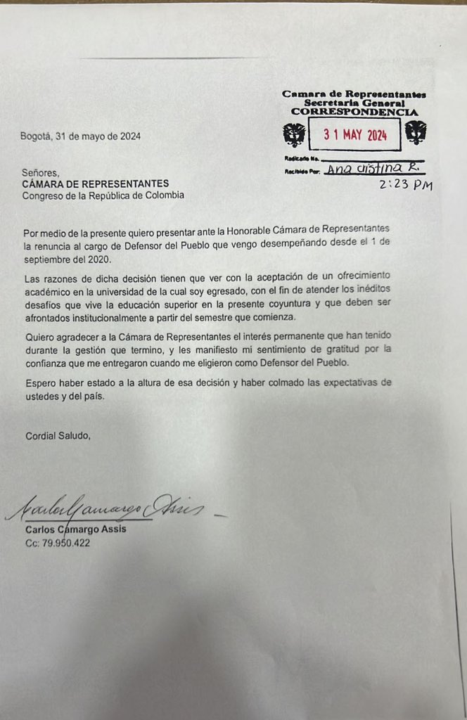 Renunció Carlos Camargo Assis, Defensor del Pueblo 1 1717186454244 1