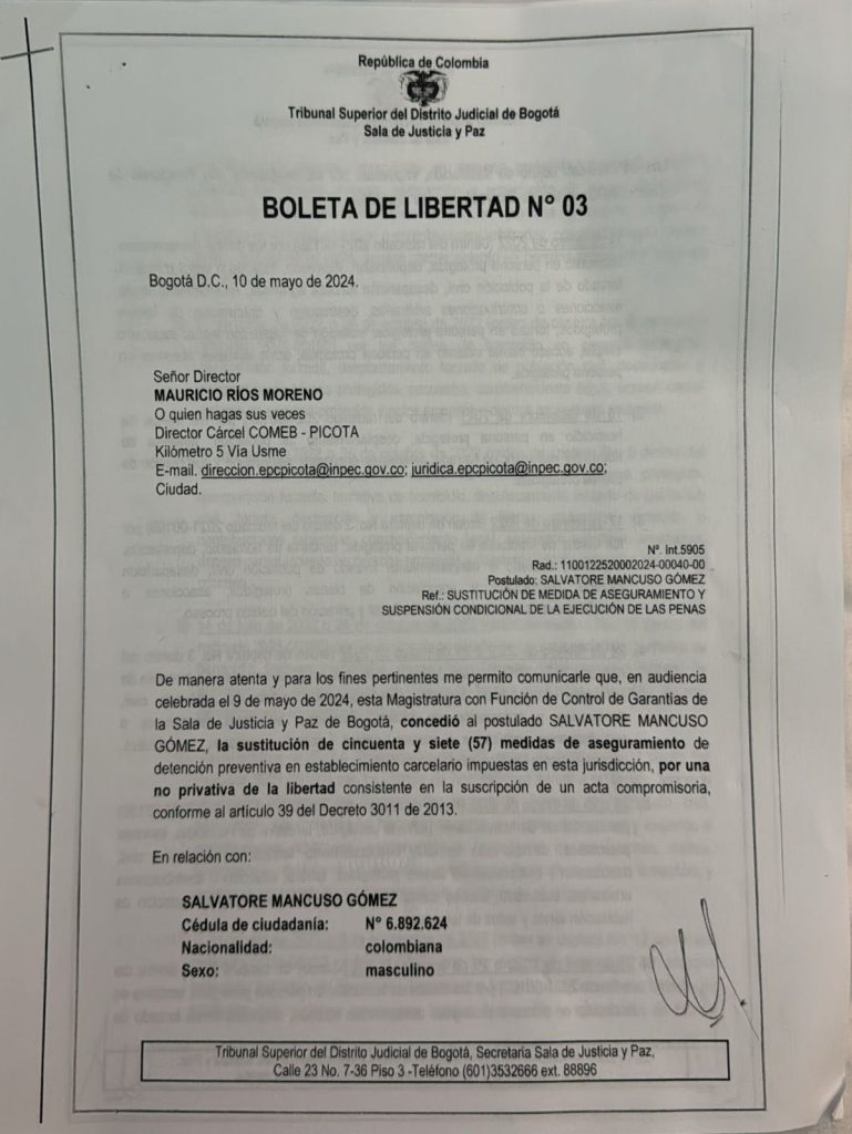 Revelan boleta que otorga libertad a Salvatore Mancuso bajo condiciones de colaboración 1 Boleta de libertad de Mancuso