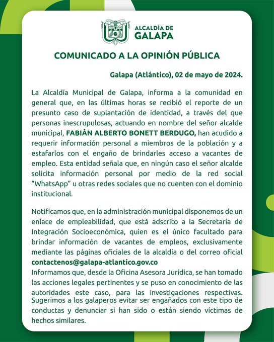 COMUNICADO ALCALDIA DE Galapa
