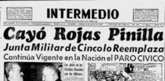 Tras un paro cívico organizado por los bancos, los grandes industriales, los dueños de medios periodísticos y la clase político tradiciona, cae régimen de Gustavo Rojas Pinilla, el 10 de mayo de 1957l