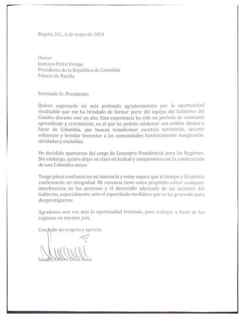 arta de renuncia de la alta consejera para las regiones Sandra Ortiz
