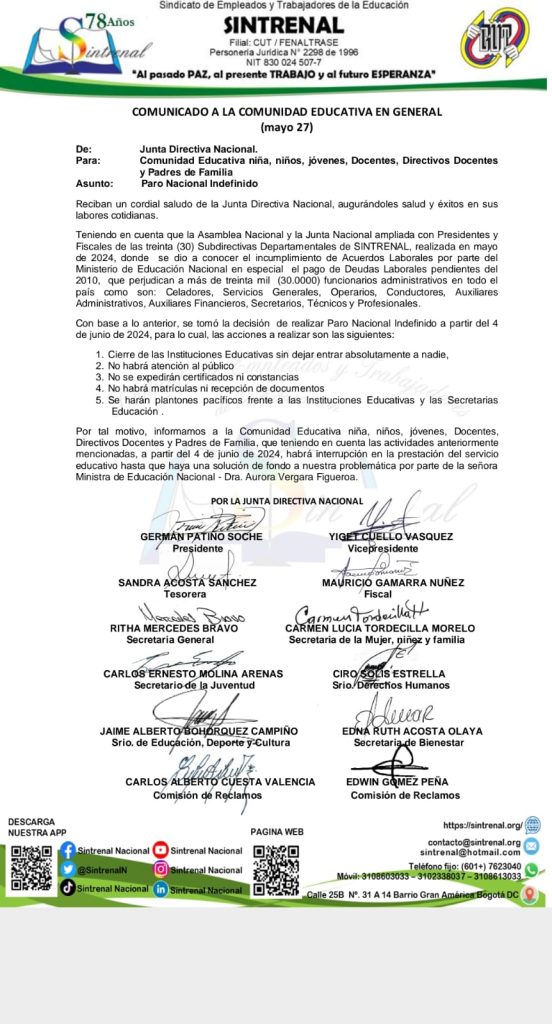 Paro nacional indefinido de trabajadores MinEducación por incumplimiento de acuerdos laborales 1 paro de trabajadores de MinEducacion