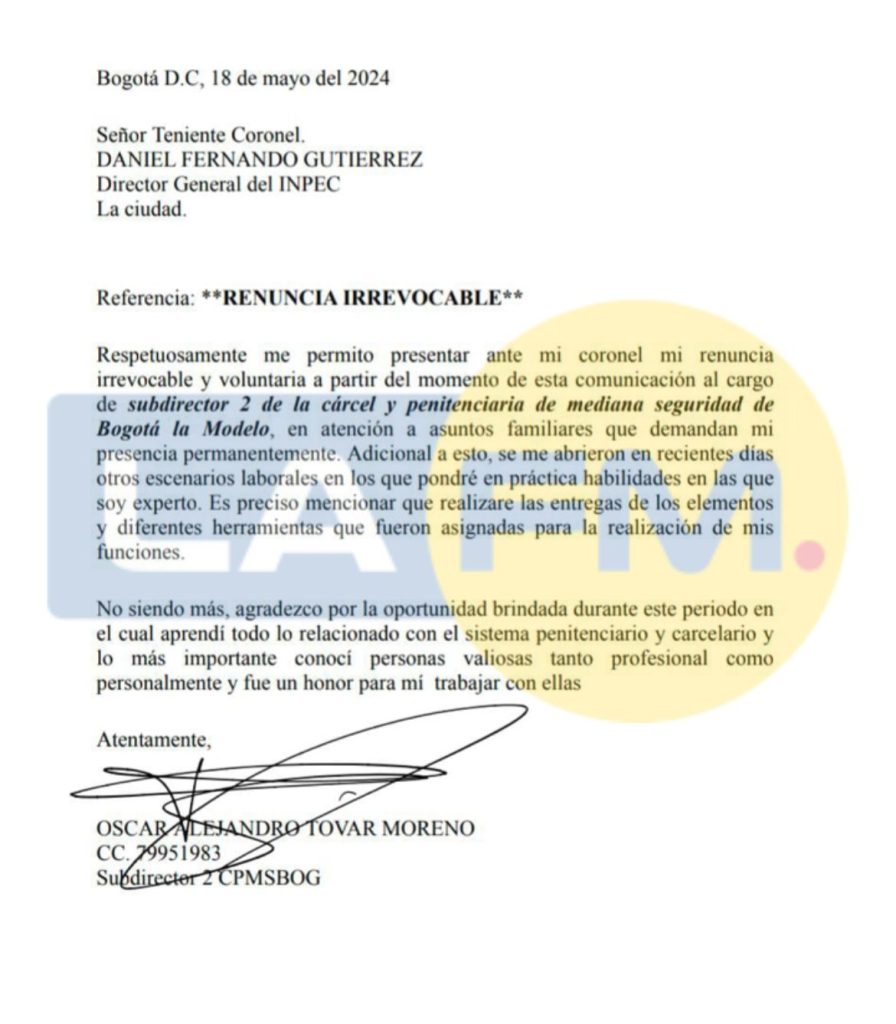 Tras muerte de Elmer Fernández: Renuncia del Subdirector de la Cárcel Modelo de Bogotá 1 whatsapp image 2024 05 17 at 9.44.58 am