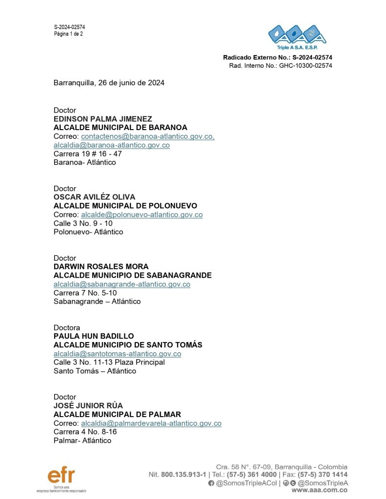 Corte de energía en planta de Sabanagrande afectará suministro de agua en 5 municipios 1 745878461 Carta de Triple A a cinco Alcaldes sobre suspension del servicio de agua page 0001