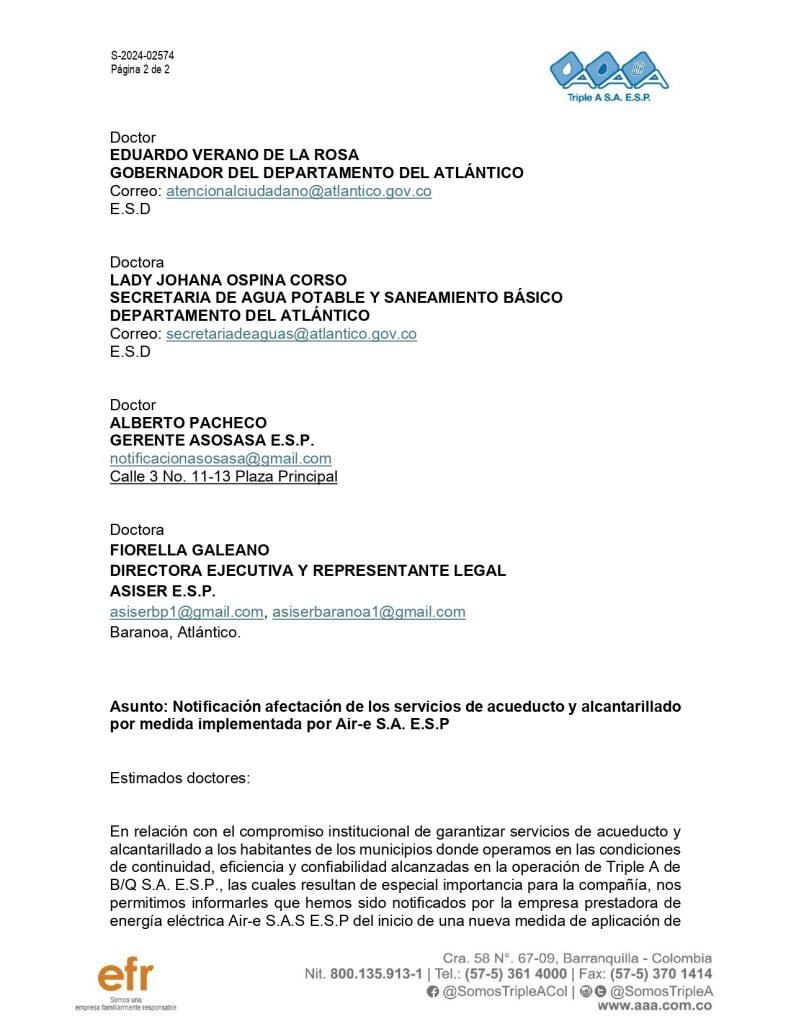 Corte de energía en planta de Sabanagrande afectará suministro de agua en 5 municipios 2 745878461 Carta de Triple A a cinco Alcaldes sobre suspension del servicio de agua page 0002
