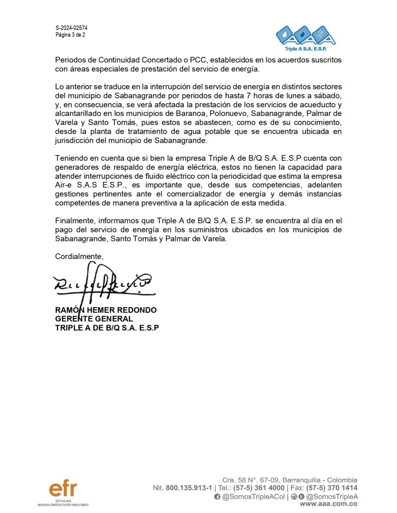 Corte de energía en planta de Sabanagrande afectará suministro de agua en 5 municipios 3 745878461 Carta de Triple A a cinco Alcaldes sobre suspension del servicio de agua page 0003