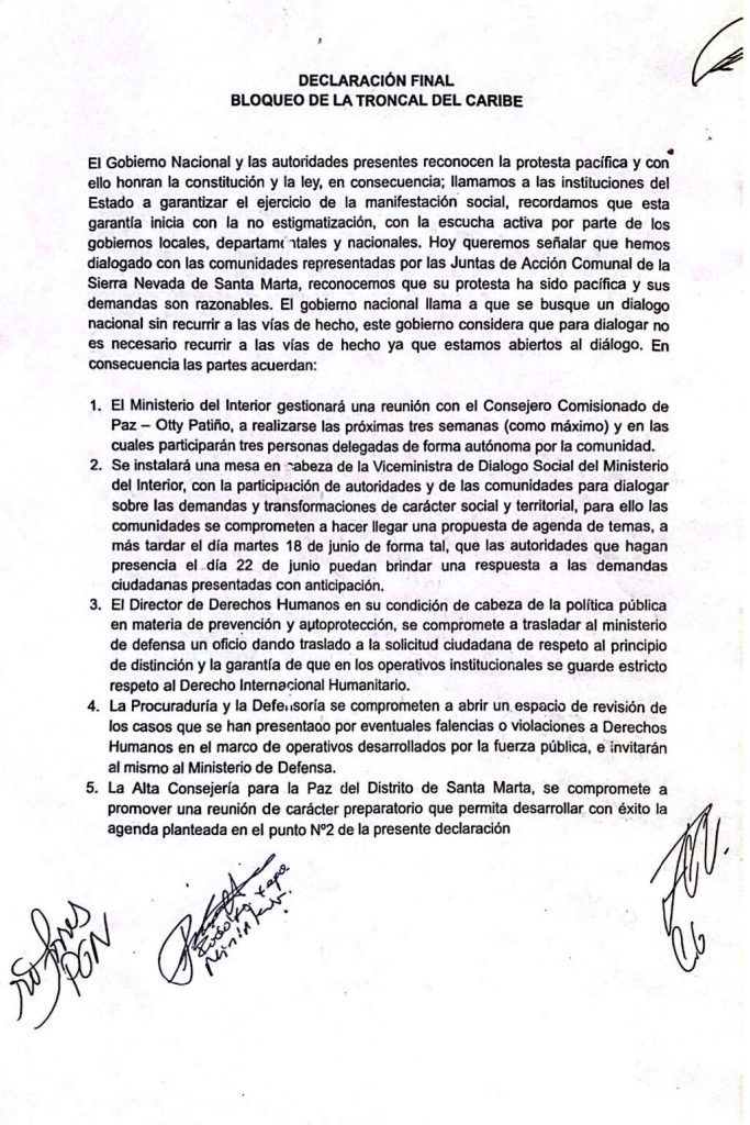 El DDHH del MinInterior habría llegado ayer a Santa Marta para atender diálogos sociales, no son lo mismo que diálogos de paz 3 Acuerdo tras bloqueo de la Troncal del Caribe
