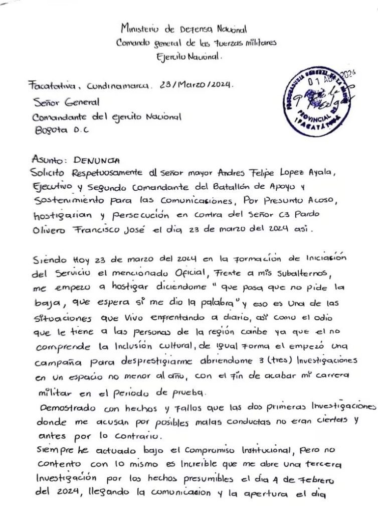 Suicidio de suboficial en Batallón de Cundinamarca: Ejército inicia investigación interna 2 Carta del cabo tercero Francisco Pardo tres meses antes de su suicidio