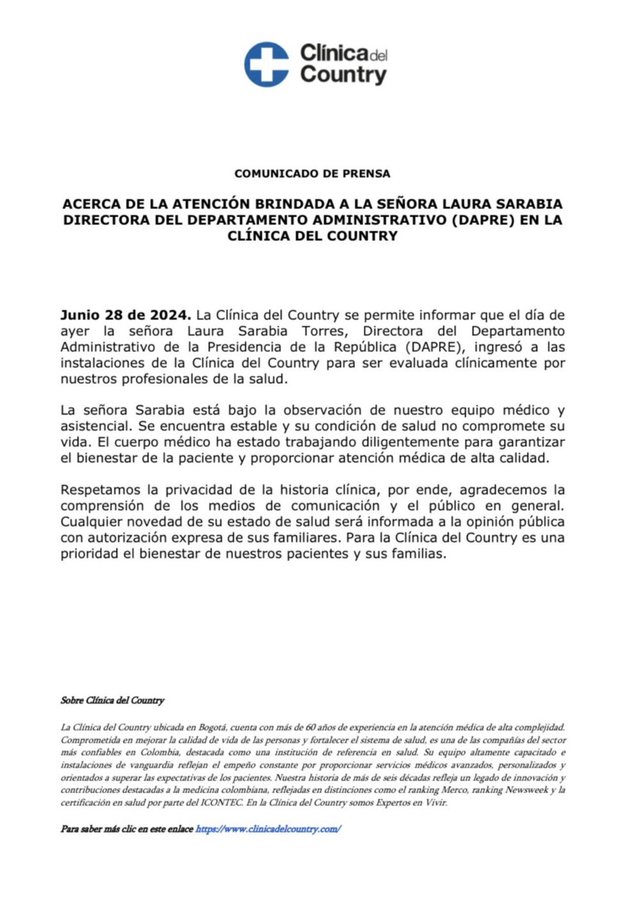 Atención médica a Laura Sarabia en Clínica del Country: estado estable y bajo observación" 1 Comunicado Clinica Country de Bogota sobre estado de salud de Laura Sarabia