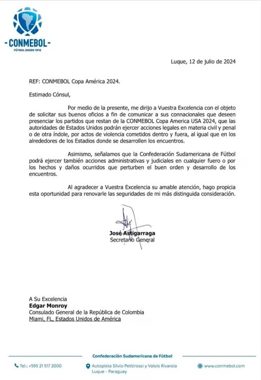 CONMEBOL advierte a Colombianos sobre acciones penales en EE.UU. por incidentes en final de la Copa América 2024 1 451086310 10160259199253652 6831238149911628894 n