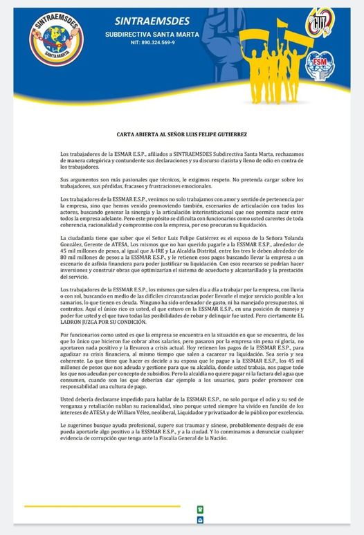 En alerta Santa Marta: ¿Atesa y la alcaldía, buscarían quebrar a la ESSMAR? 2 452435202 3882019582028351 4478125477223178119 n 1