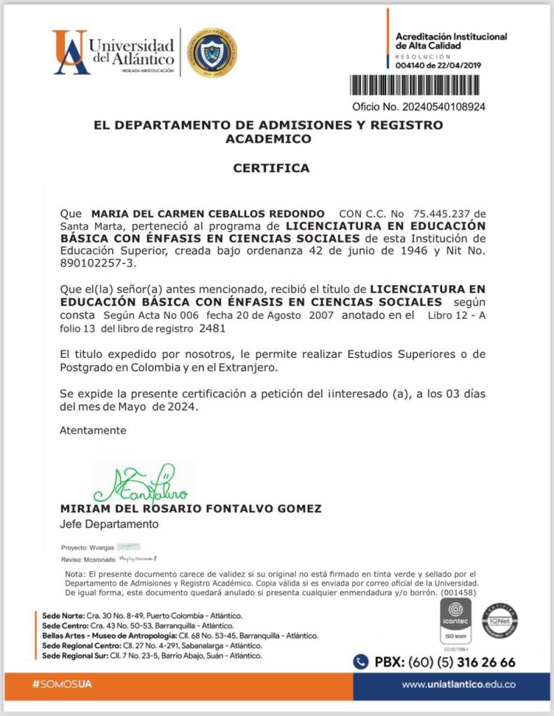 María del Carmen Ceballos estudió y homologó su título con la Fundación Politécnico del Magdalena, que tenía un convenio con la Uniatlántico 2 WhatsApp Image 2024 07 02 at 19.21.44 1