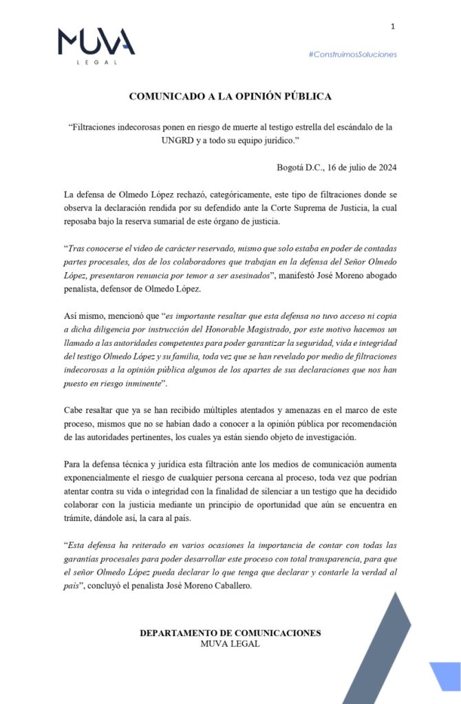 comunicado de prensa olmedo lopez filtraciones indecorosas ponen en riesgo de muerte al testigo estrella del escandalo de la ungrd y a todo su equipo juridico 16 jul 2024 page 0001