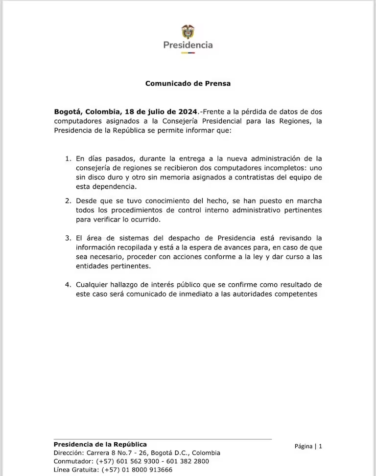 Robo de datos en la UNGRD: Confirman pérdida de memoria y disco duro de computadores de asesores de Sandra Ortiz 1 comunicado presidencia