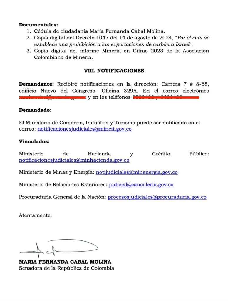 María Fernanda Cabal demanda anulación del decreto que suspende exportaciones de carbón a Israel 4 20240823 191819