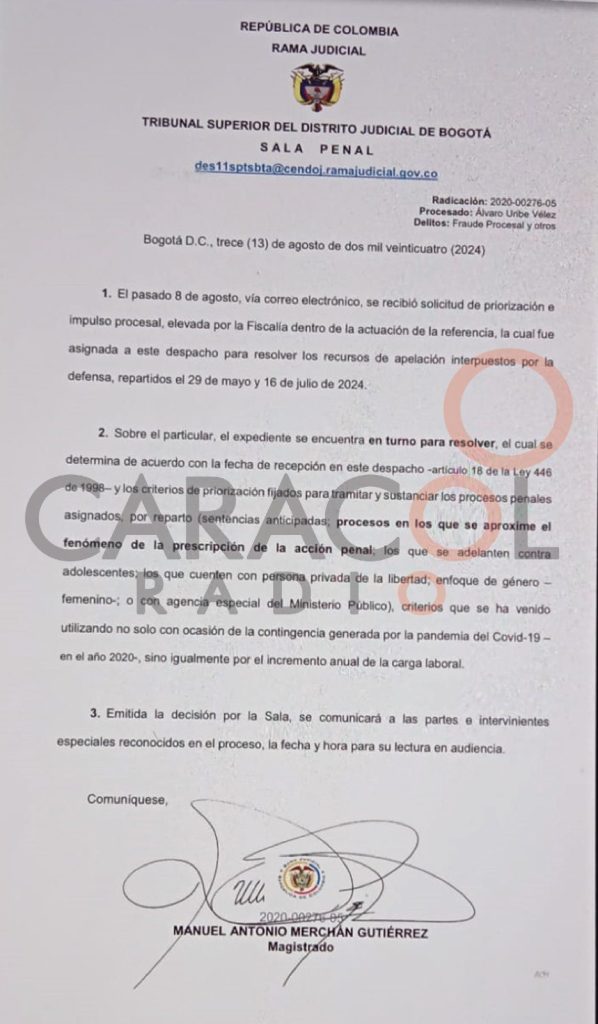 Tribunal de Bogotá acelera apelación en caso de Álvaro Uribe Vélez por presunto fraude procesal y soborno a testigos 2 GU zceMXsAEd6Tg