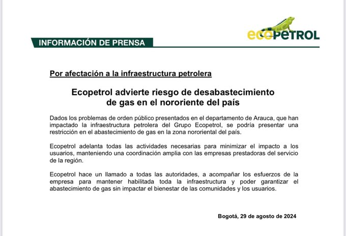 Ecopetrol advierte riesgo de desabastecimiento de gas en la región nororiental por problemas en Arauca 1 GWJpUzGXMAA3ANF