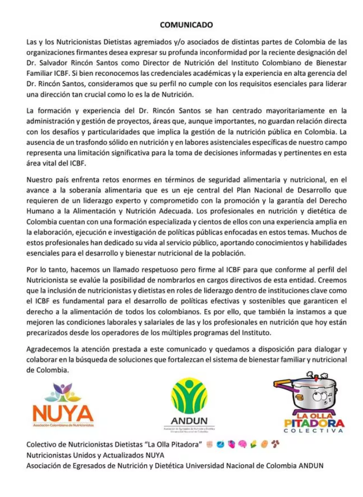 Nutricionistas y dietistas en Colombia cuestionan nombramiento del nuevo Director de Nutrición del ICBF 1 Screenshot 20240810 185020 269
