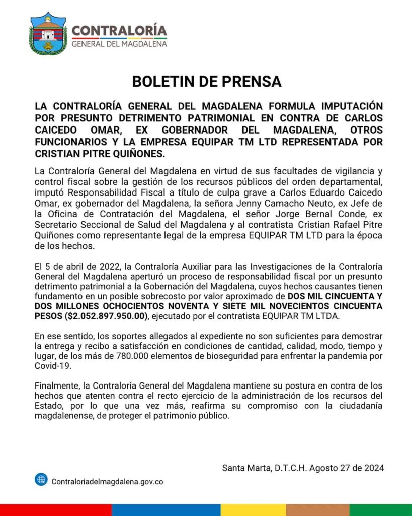 Imputación de la Contraloría del Magdalena a exgobernador Carlos Caicedo y funcionarios por detrimento patrimonial 1 WhatsApp Image 2024 08 28 at 12.49.11 1
